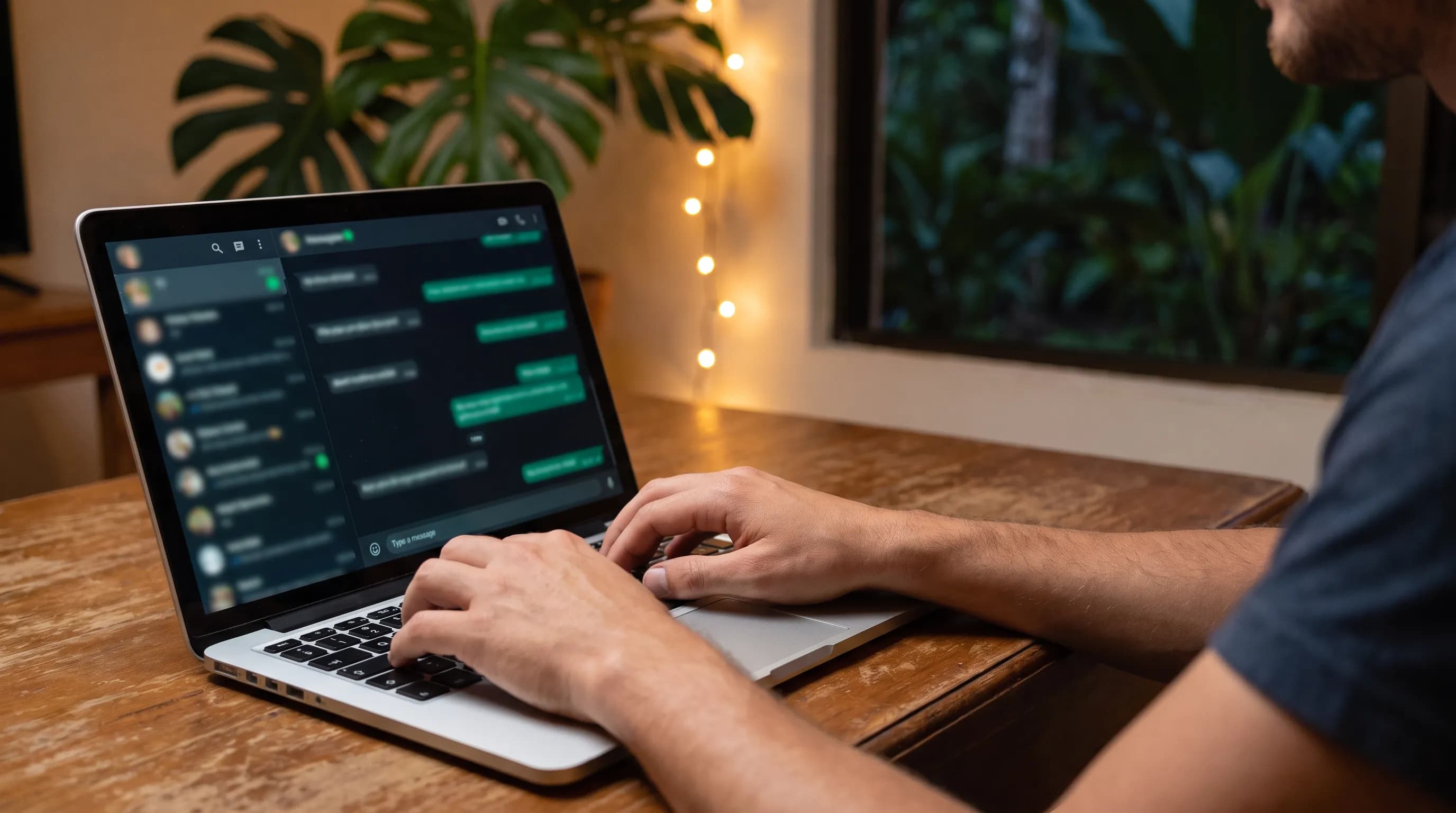 Hands typing on a laptop keyboard while replying to a client message